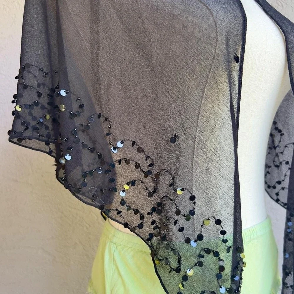 Vintage Black Sequin Shawl Scarf Accessory Whimsigoth